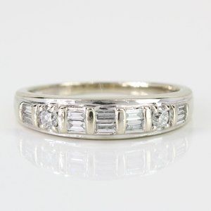 14K White Gold Round & Baguette Diamond Wedding Band Ring